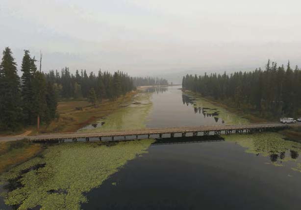 Aerial view of Boy Scout Bridge on a foggy day