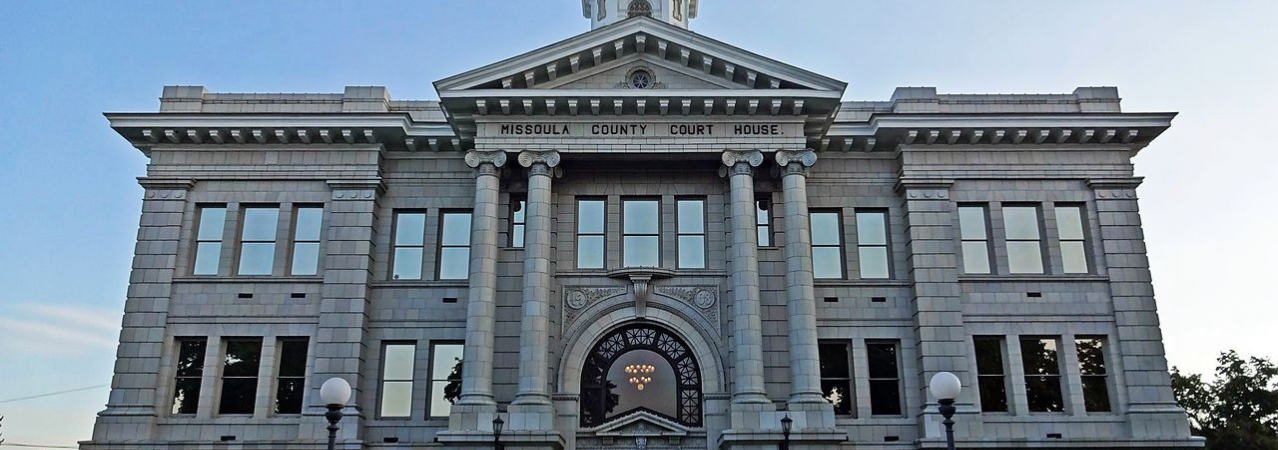 Exterior view of the Missoula County Courthouse at sunset